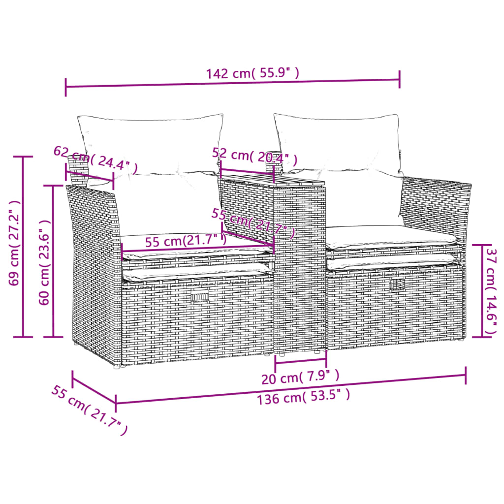 Tuinbank 2-zits met voetenbanken poly rattan zwart is nu te koop bij PeponiXL, paradijselijk wonen!