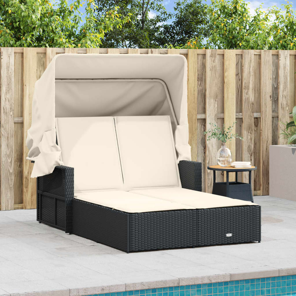 Ligbed 2-persoons met luifel en kussens poly rattan zwart is nu te koop bij PeponiXL, paradijselijk wonen!