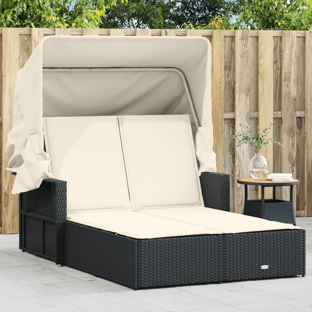 Ligbed 2-persoons met luifel en kussens poly rattan zwart is nu te koop bij PeponiXL, paradijselijk wonen!