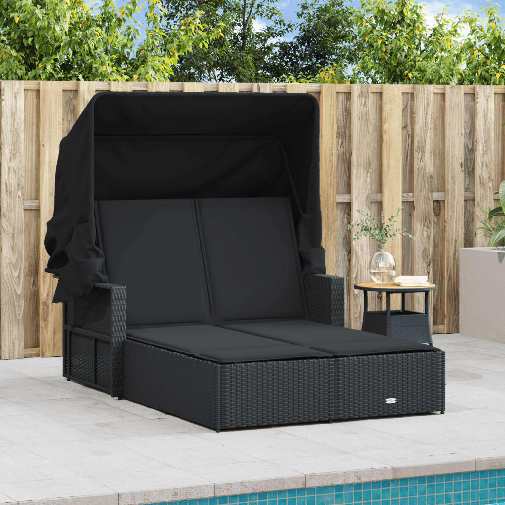 Ligbed 2-persoons met luifel en kussens poly rattan zwart is nu te koop bij PeponiXL, paradijselijk wonen!