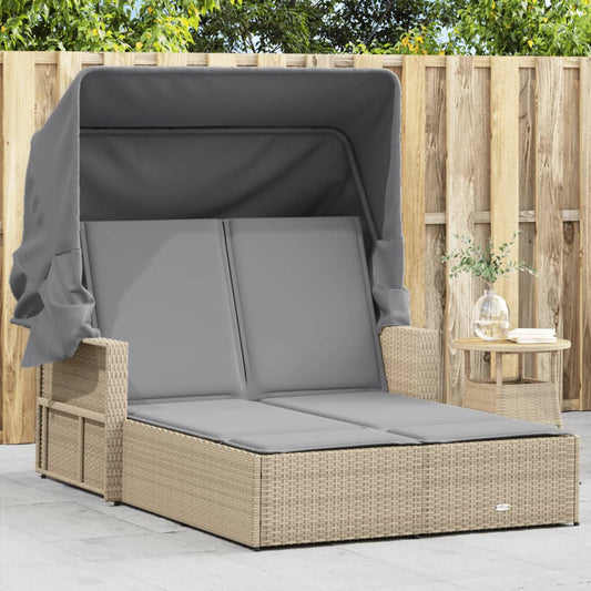 Ligbed 2-persoons luifel en kussens poly rattan gemengd beige is nu te koop bij PeponiXL, paradijselijk wonen!
