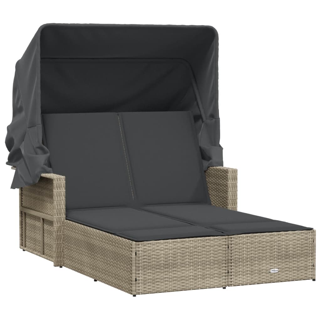 Ligbed 2-persoons met luifel en kussens poly rattan lichtgrijs