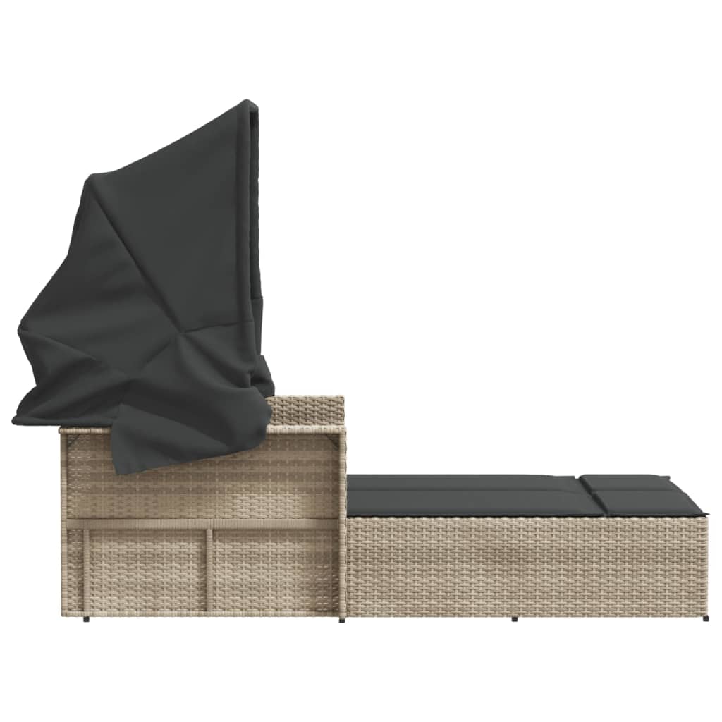 Ligbed 2-persoons met luifel en kussens poly rattan lichtgrijs