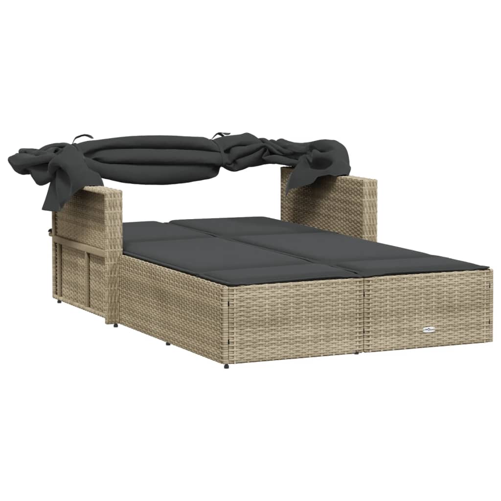 Ligbed 2-persoons met luifel en kussens poly rattan lichtgrijs