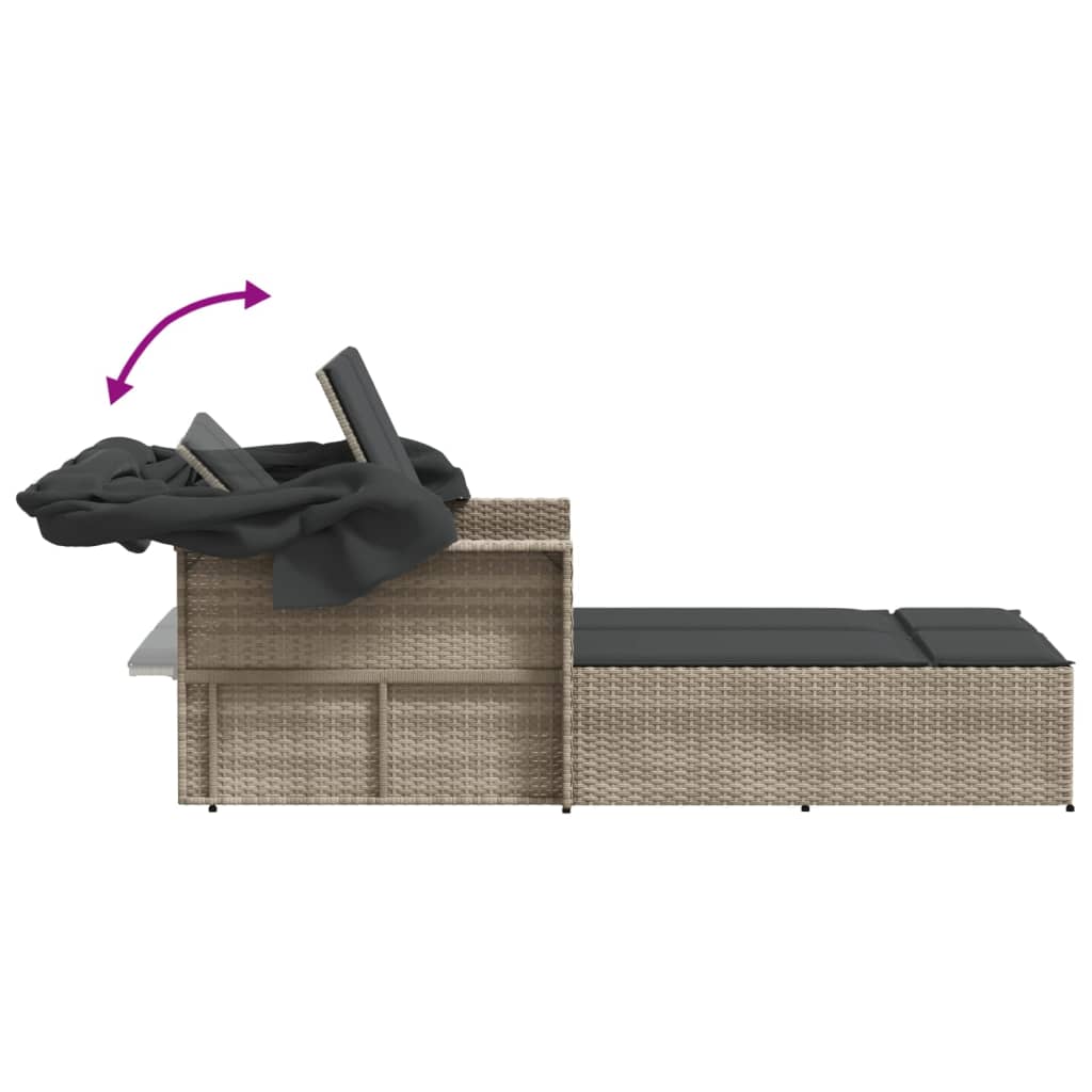 Ligbed 2-persoons met luifel en kussens poly rattan lichtgrijs