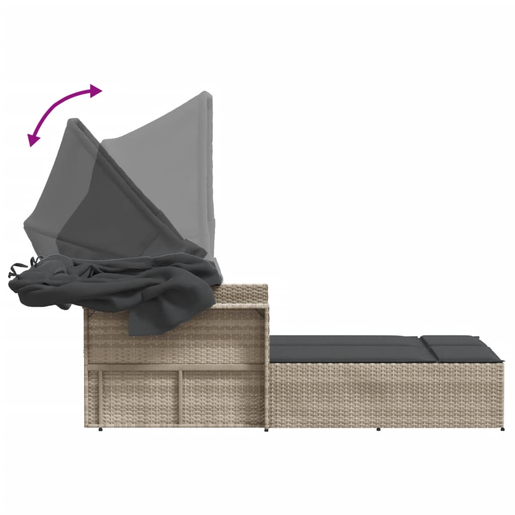 Ligbed 2-persoons met luifel en kussens poly rattan lichtgrijs