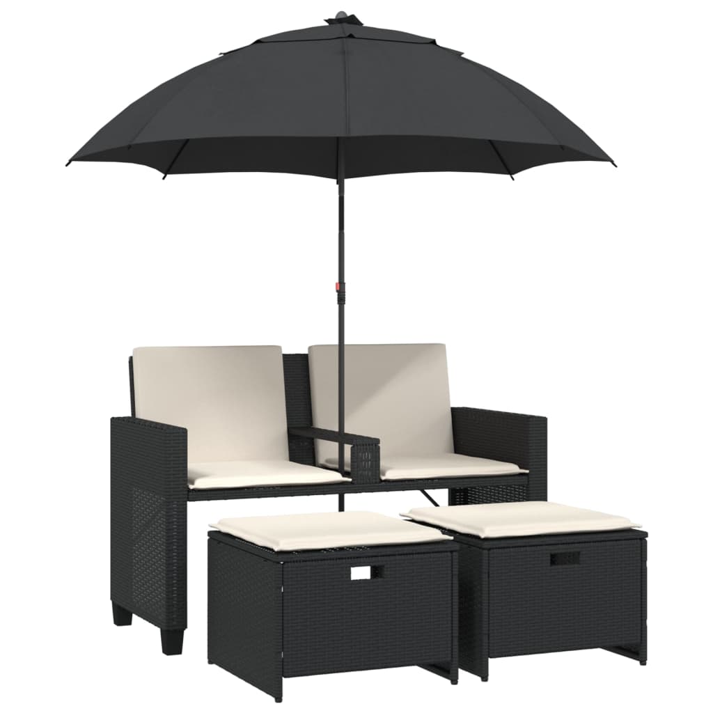 Tuinbank 2-zits met parasol en voetenbanken poly rattan zwart is nu te koop bij PeponiXL, paradijselijk wonen!