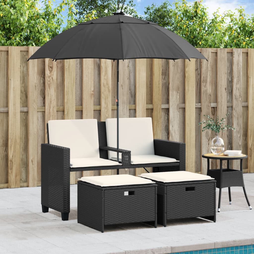Tuinbank 2-zits met parasol en voetenbanken poly rattan zwart is nu te koop bij PeponiXL, paradijselijk wonen!