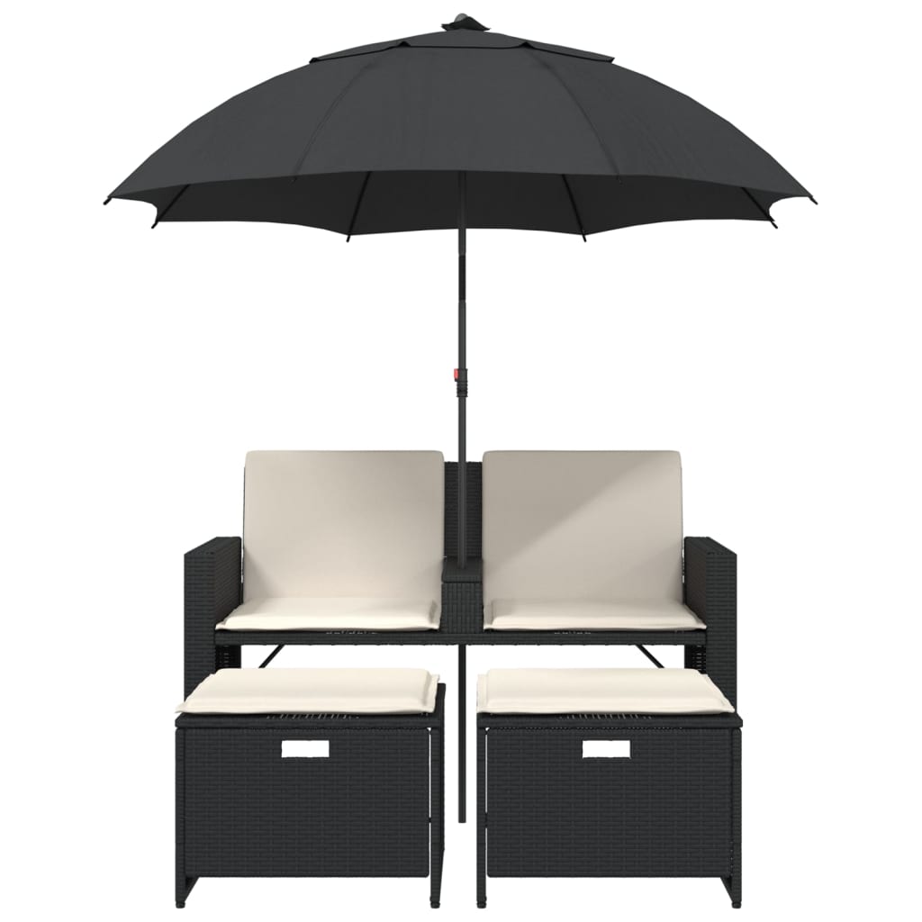 Tuinbank 2-zits met parasol en voetenbanken poly rattan zwart is nu te koop bij PeponiXL, paradijselijk wonen!