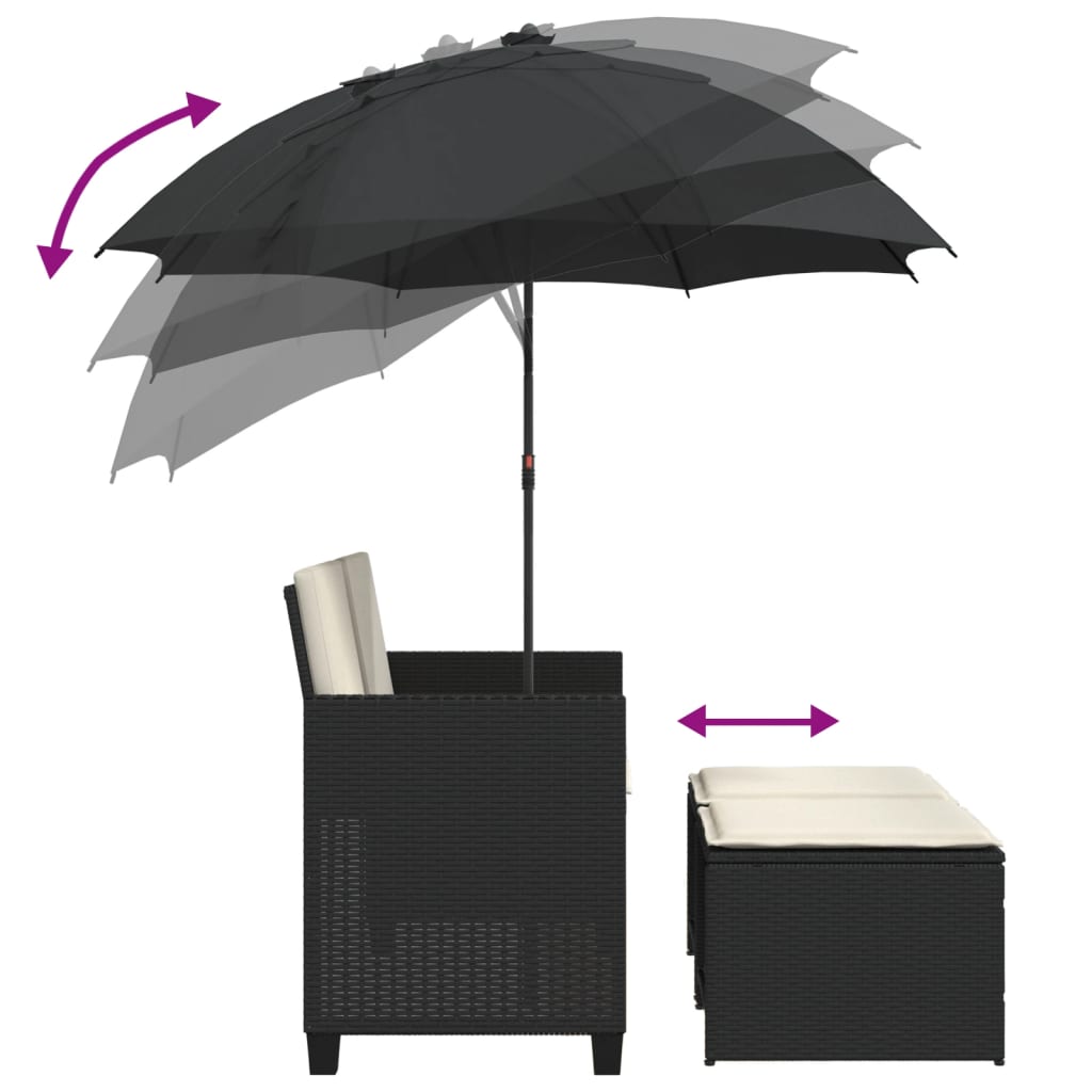 Tuinbank 2-zits met parasol en voetenbanken poly rattan zwart is nu te koop bij PeponiXL, paradijselijk wonen!