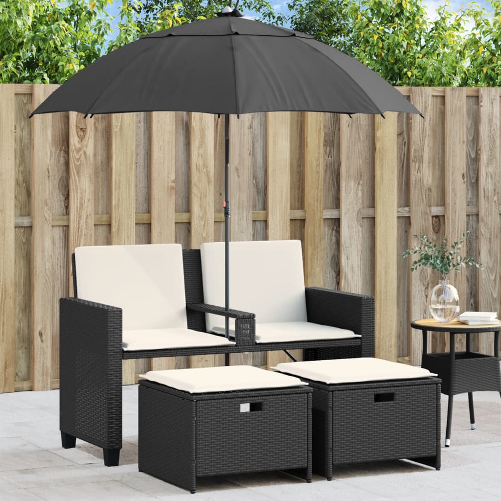 Tuinbank 2-zits met parasol en voetenbanken poly rattan zwart is nu te koop bij PeponiXL, paradijselijk wonen!