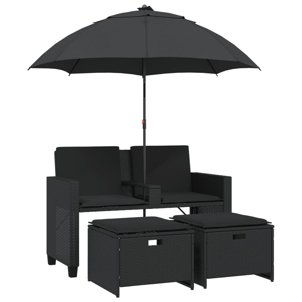 Tuinbank 2-zits met parasol en voetenbanken poly rattan zwart is nu te koop bij PeponiXL, paradijselijk wonen!
