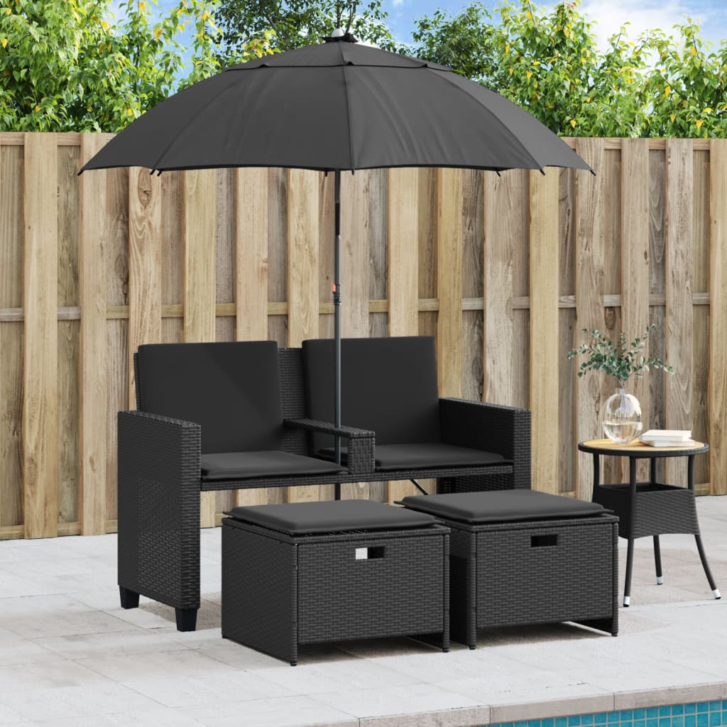 Tuinbank 2-zits met parasol en voetenbanken poly rattan zwart is nu te koop bij PeponiXL, paradijselijk wonen!