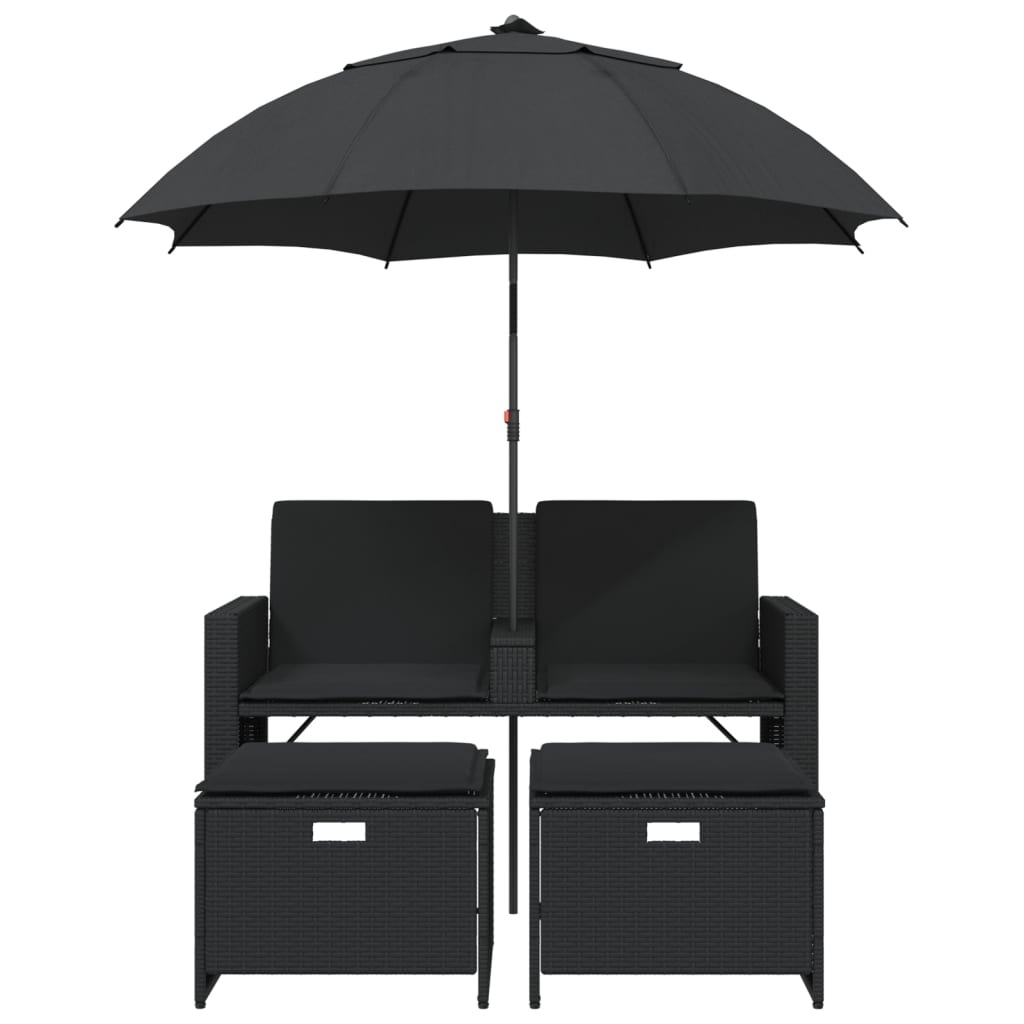 Tuinbank 2-zits met parasol en voetenbanken poly rattan zwart is nu te koop bij PeponiXL, paradijselijk wonen!