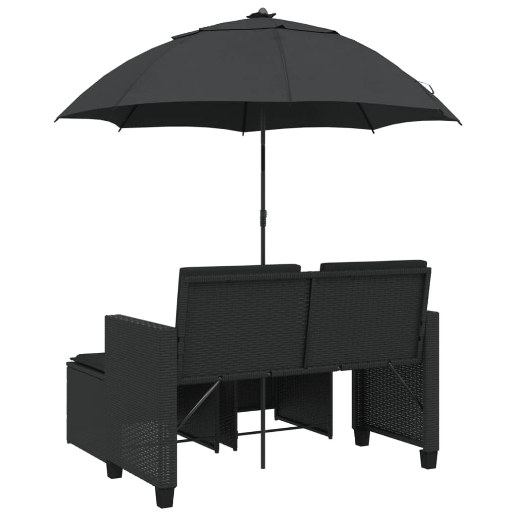 Tuinbank 2-zits met parasol en voetenbanken poly rattan zwart is nu te koop bij PeponiXL, paradijselijk wonen!