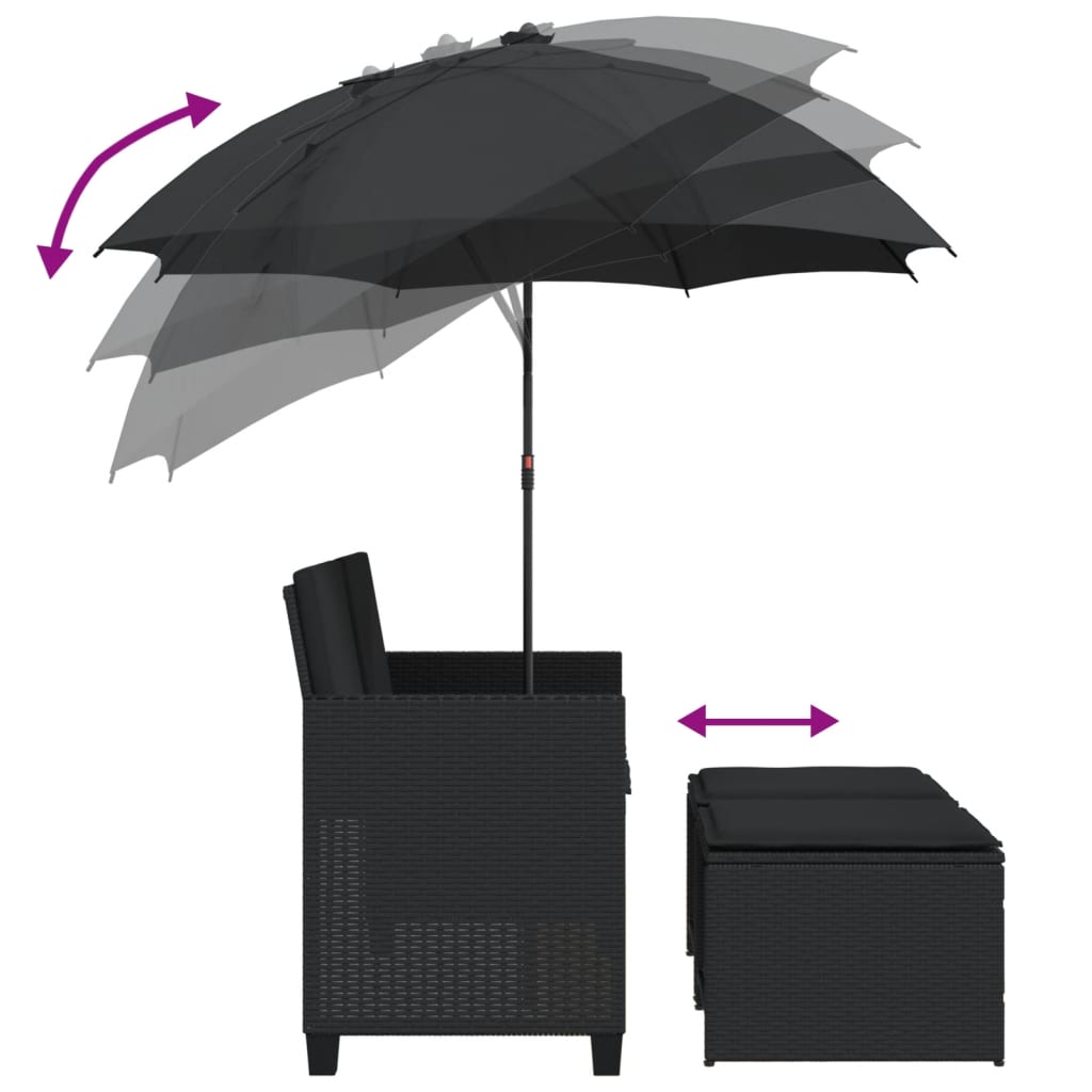 Tuinbank 2-zits met parasol en voetenbanken poly rattan zwart is nu te koop bij PeponiXL, paradijselijk wonen!