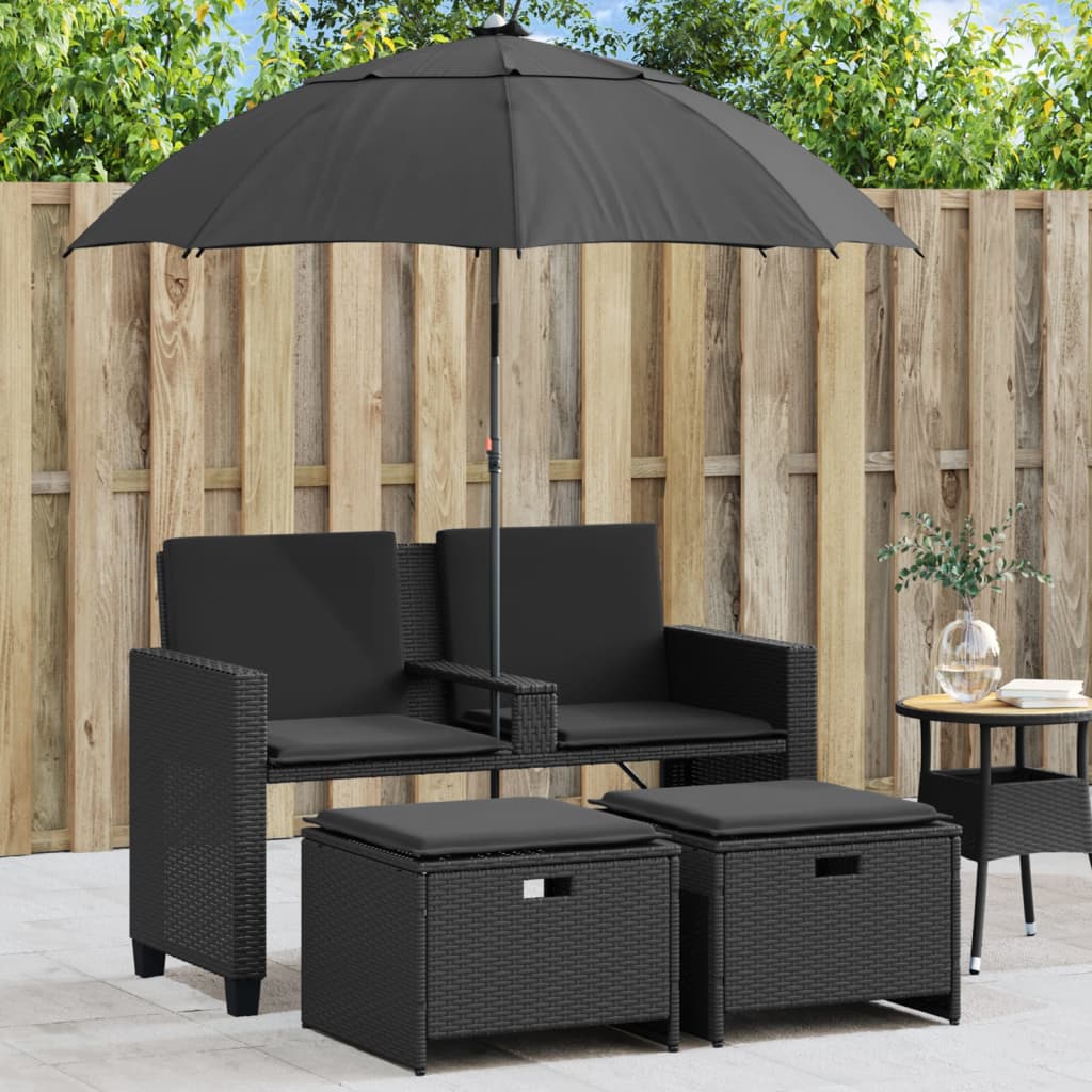 Tuinbank 2-zits met parasol en voetenbanken poly rattan zwart is nu te koop bij PeponiXL, paradijselijk wonen!