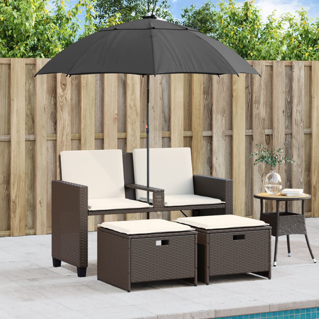 Tuinbank 2-zits met parasol en voetenbanken poly rattan bruin is nu te koop bij PeponiXL, paradijselijk wonen!