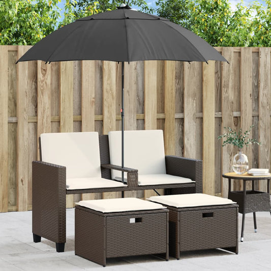 Tuinbank 2-zits met parasol en voetenbanken poly rattan bruin is nu te koop bij PeponiXL, paradijselijk wonen!