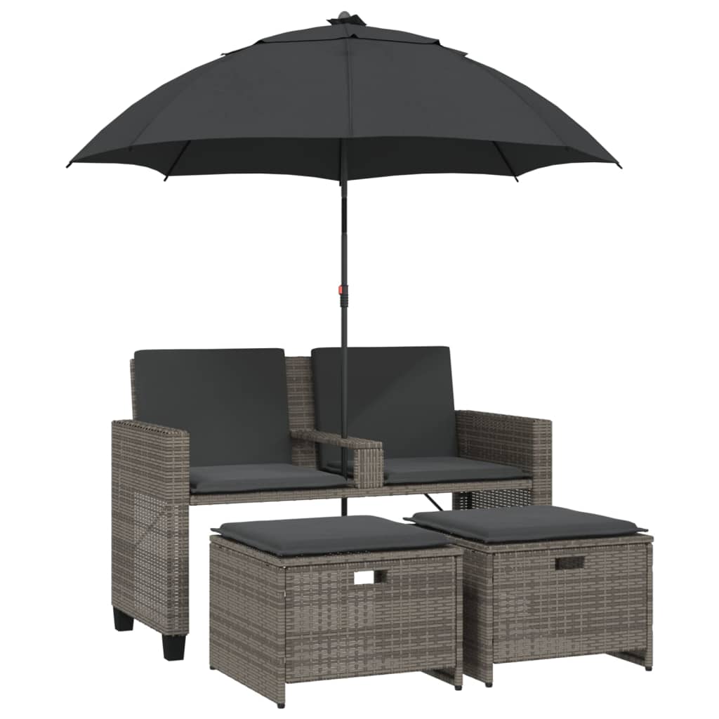 Tuinbank 2-zits met parasol en voetenbanken poly rattan grijs is nu te koop bij PeponiXL, paradijselijk wonen!