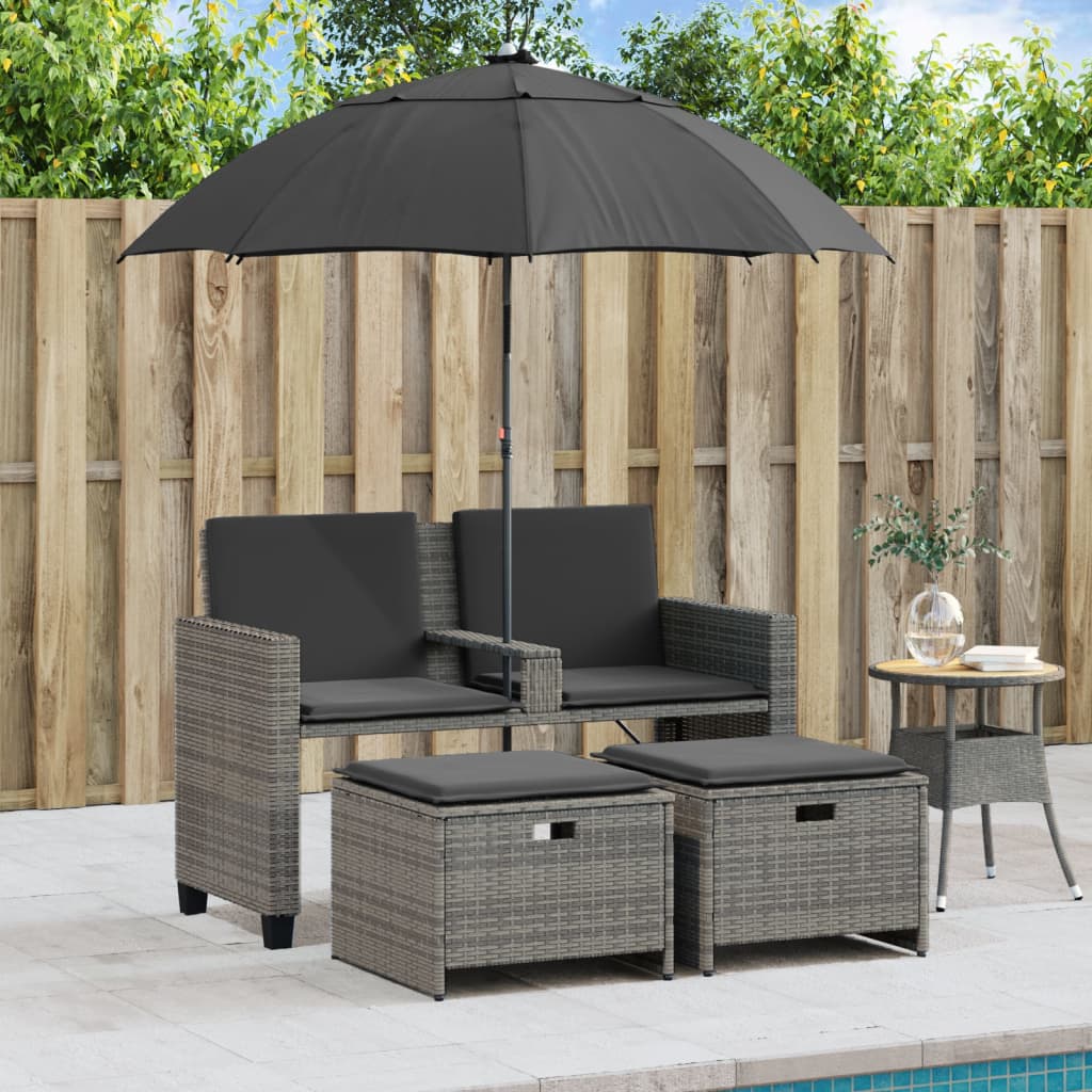 Tuinbank 2-zits met parasol en voetenbanken poly rattan grijs is nu te koop bij PeponiXL, paradijselijk wonen!