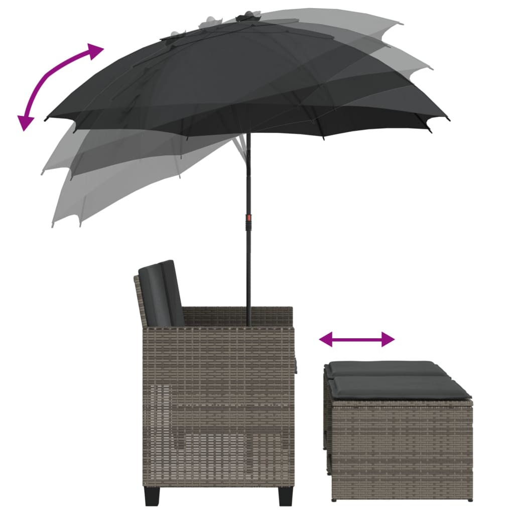 Tuinbank 2-zits met parasol en voetenbanken poly rattan grijs is nu te koop bij PeponiXL, paradijselijk wonen!
