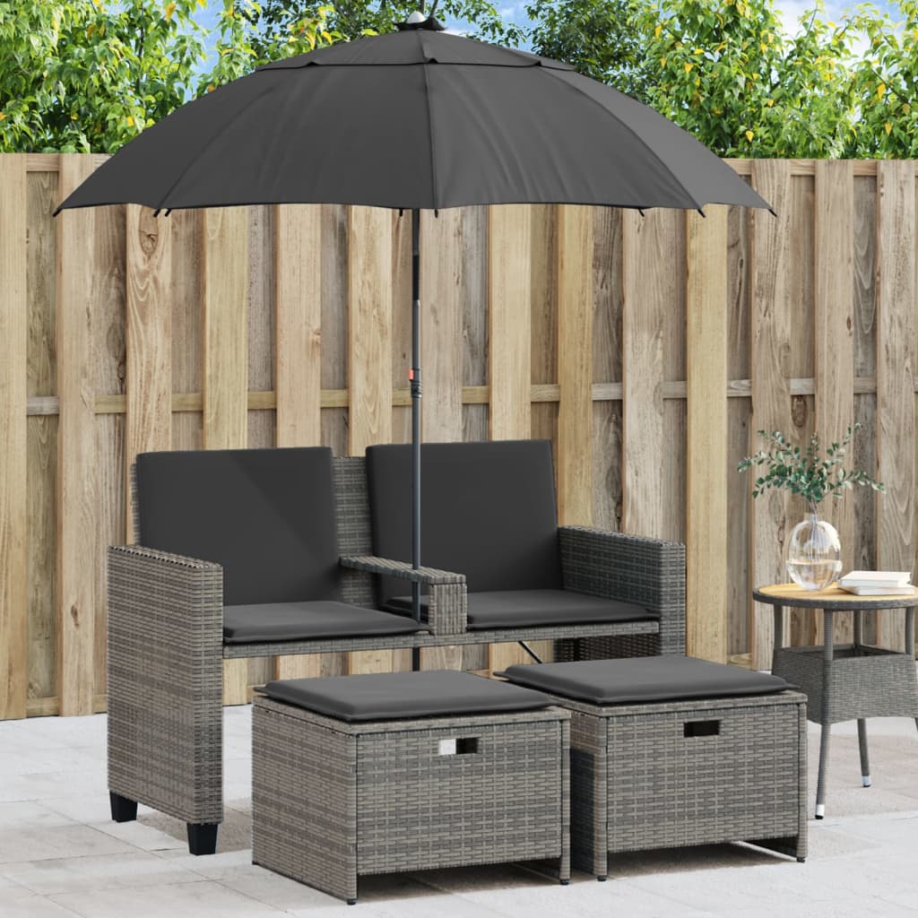 Tuinbank 2-zits met parasol en voetenbanken poly rattan grijs is nu te koop bij PeponiXL, paradijselijk wonen!