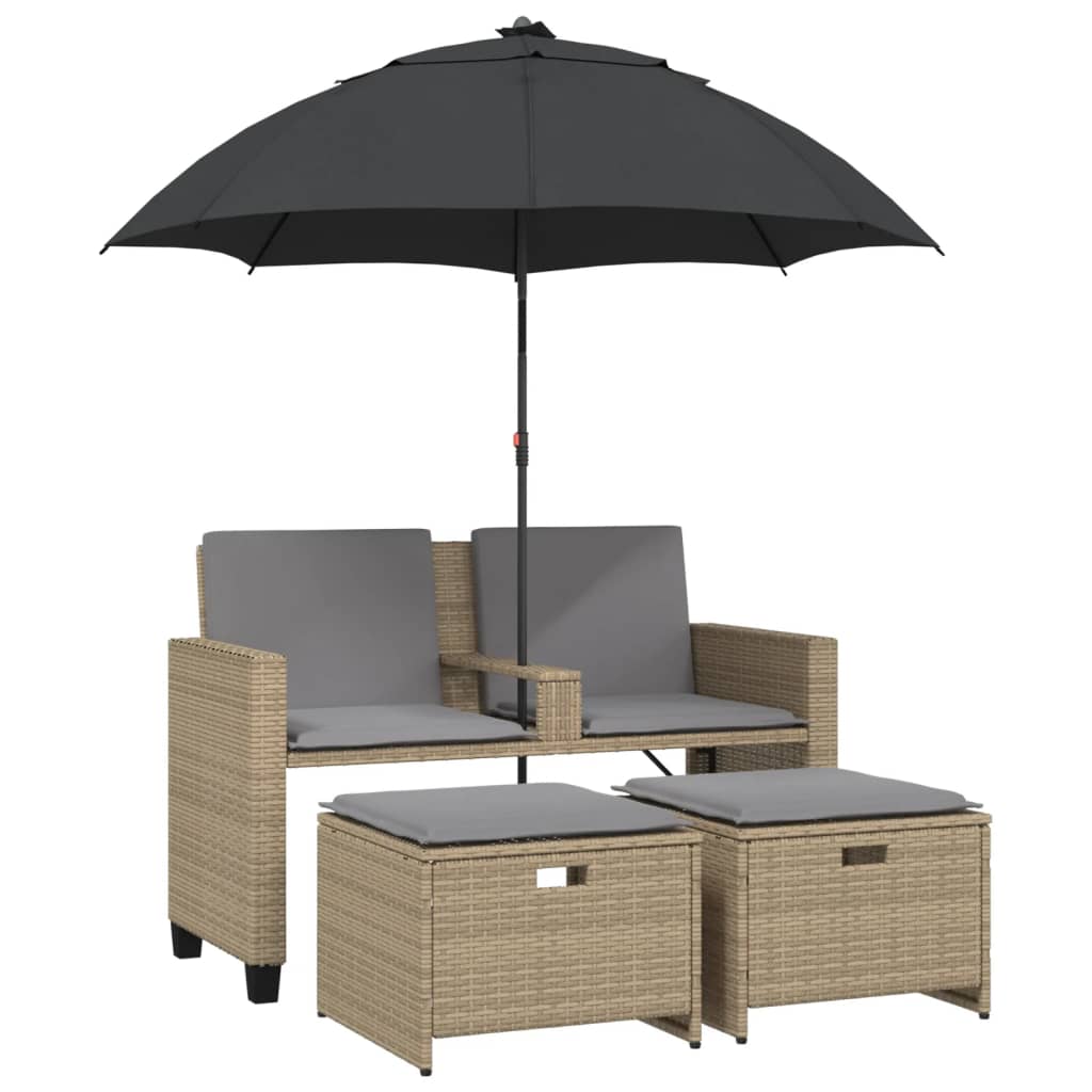Tuinbank 2-zits met parasol en voetenbanken poly rattan beige is nu te koop bij PeponiXL, paradijselijk wonen!
