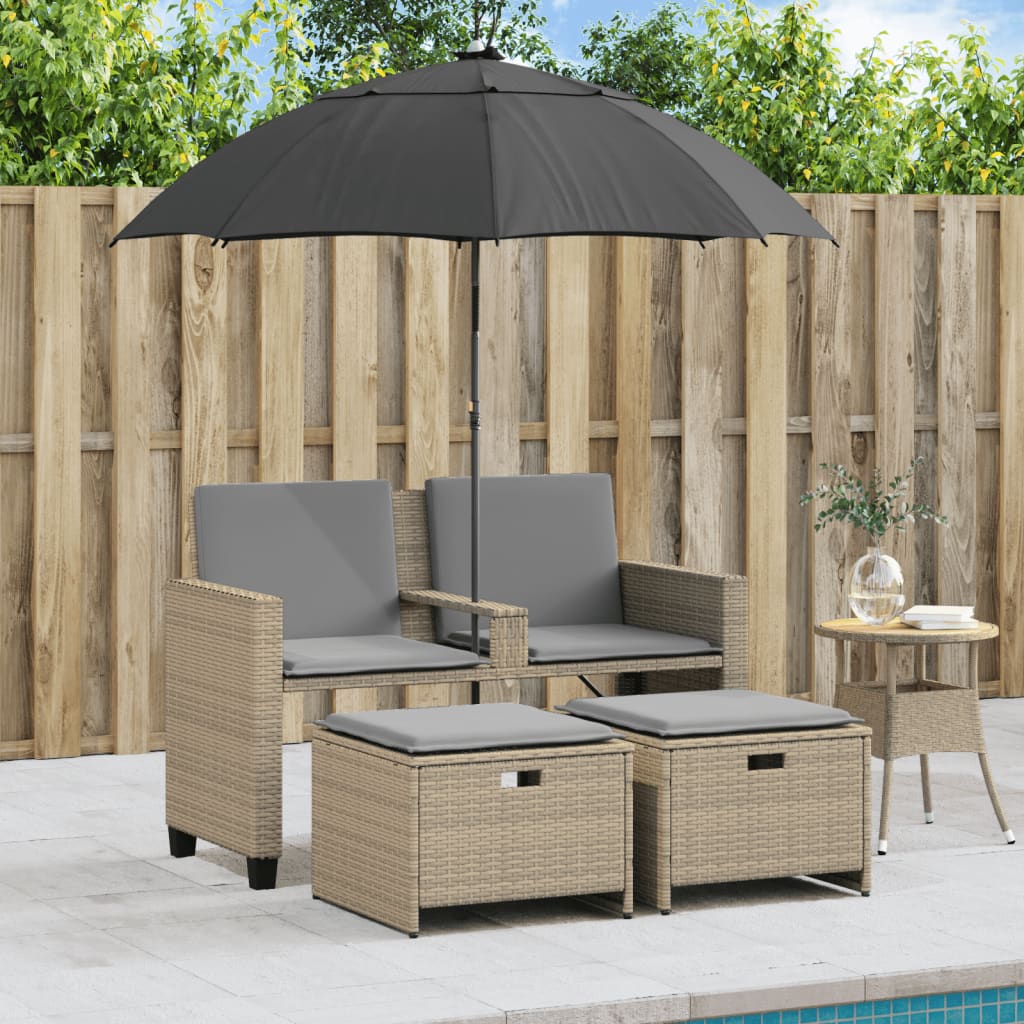 Tuinbank 2-zits met parasol en voetenbanken poly rattan beige is nu te koop bij PeponiXL, paradijselijk wonen!