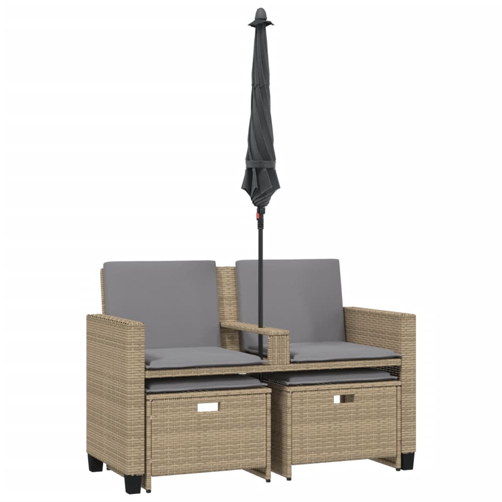 Tuinbank 2-zits met parasol en voetenbanken poly rattan beige is nu te koop bij PeponiXL, paradijselijk wonen!