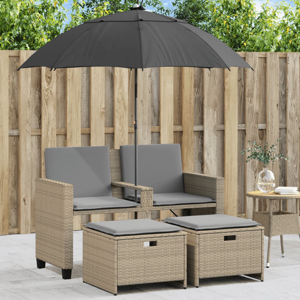 Tuinbank 2-zits met parasol en voetenbanken poly rattan beige is nu te koop bij PeponiXL, paradijselijk wonen!