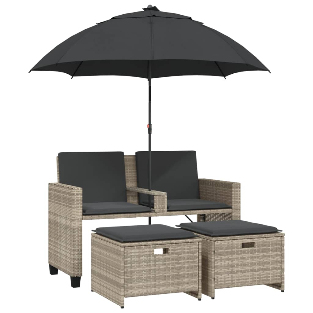 Tuinbank 2-zits parasol en voetenbanken poly rattan lichtgrijs is nu te koop bij PeponiXL, paradijselijk wonen!