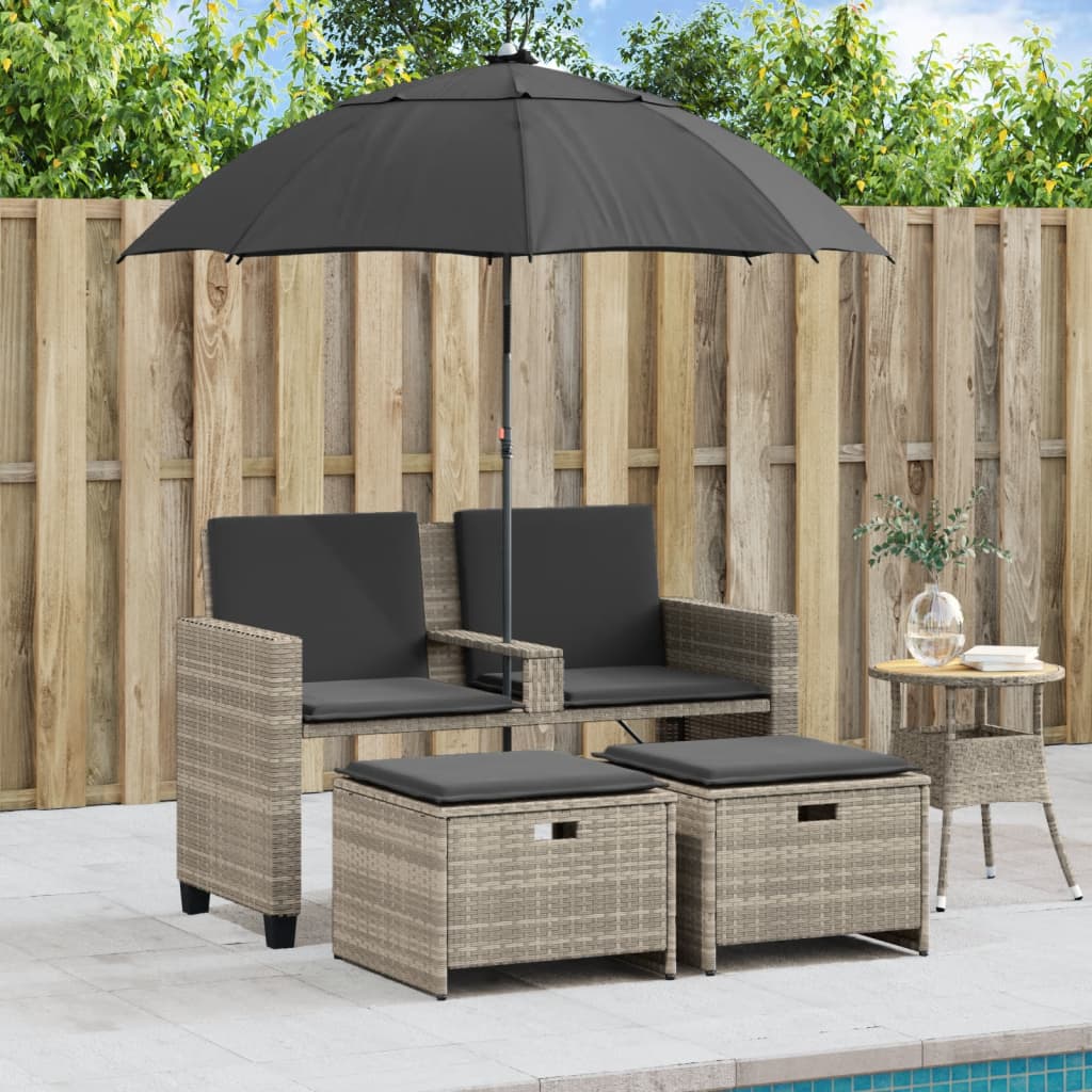 Tuinbank 2-zits parasol en voetenbanken poly rattan lichtgrijs is nu te koop bij PeponiXL, paradijselijk wonen!
