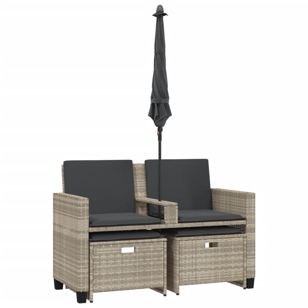 Tuinbank 2-zits parasol en voetenbanken poly rattan lichtgrijs is nu te koop bij PeponiXL, paradijselijk wonen!