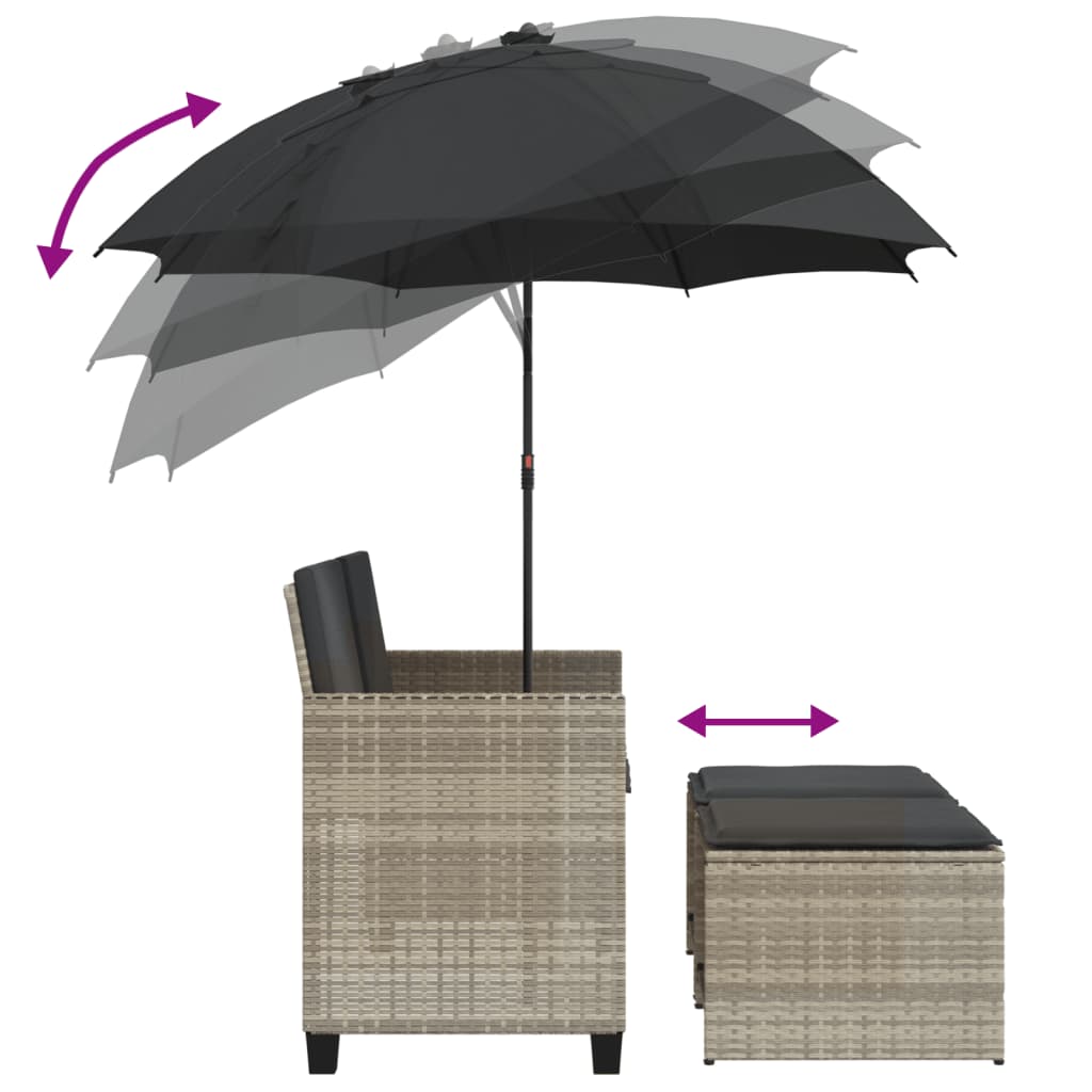 Tuinbank 2-zits parasol en voetenbanken poly rattan lichtgrijs is nu te koop bij PeponiXL, paradijselijk wonen!