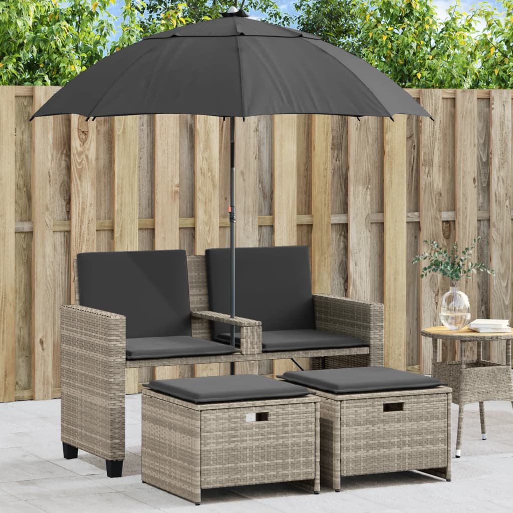Tuinbank 2-zits parasol en voetenbanken poly rattan lichtgrijs is nu te koop bij PeponiXL, paradijselijk wonen!
