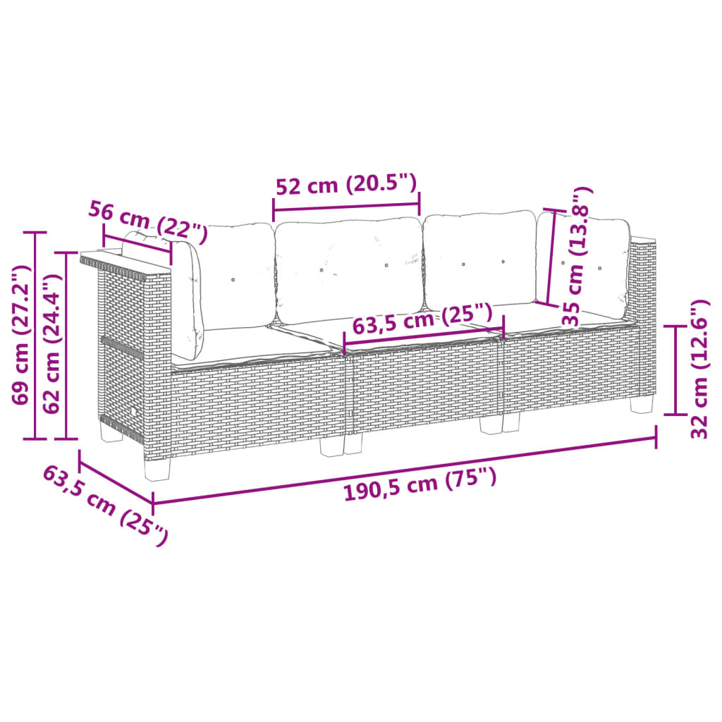 Tuinbank 3-zits met kussens poly rattan zwart is nu te koop bij PeponiXL, paradijselijk wonen!