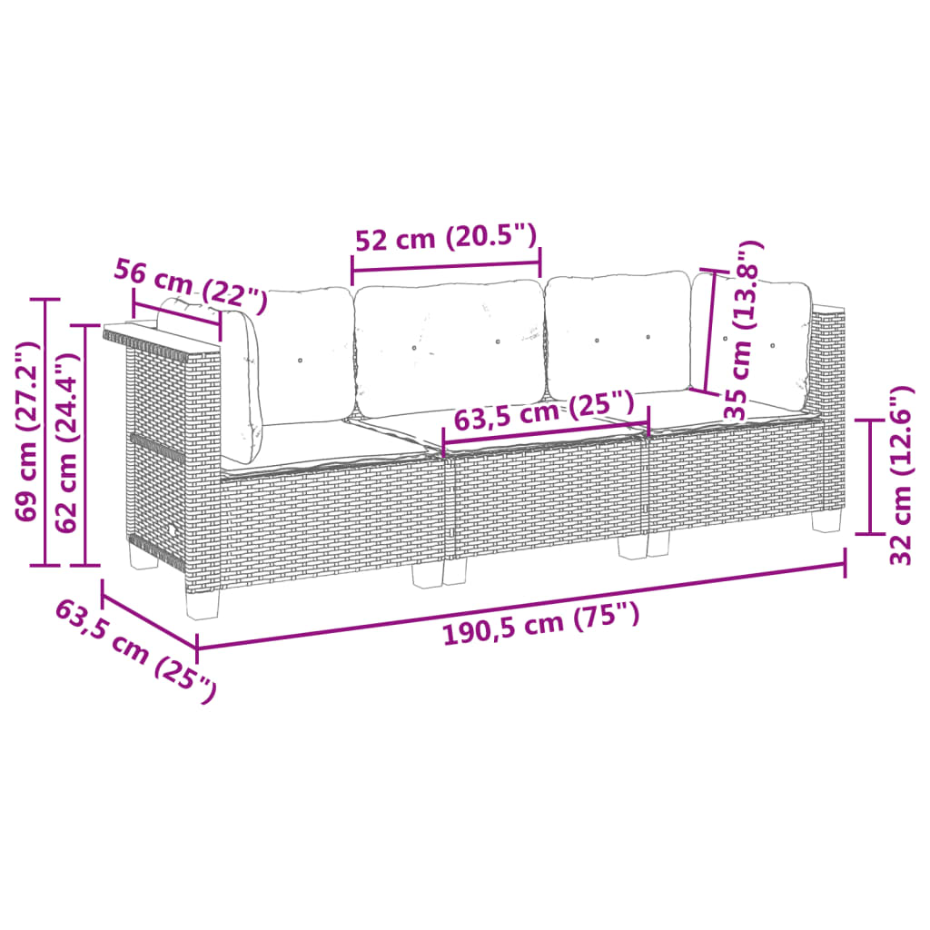 Tuinbank 3-zits met kussens poly rattan beige is nu te koop bij PeponiXL, paradijselijk wonen!