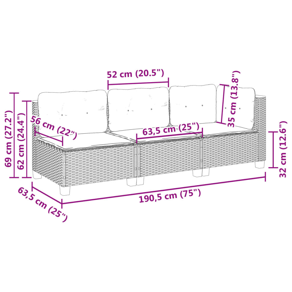 Tuinbank 3-zits met kussens poly rattan zwart is nu te koop bij PeponiXL, paradijselijk wonen!