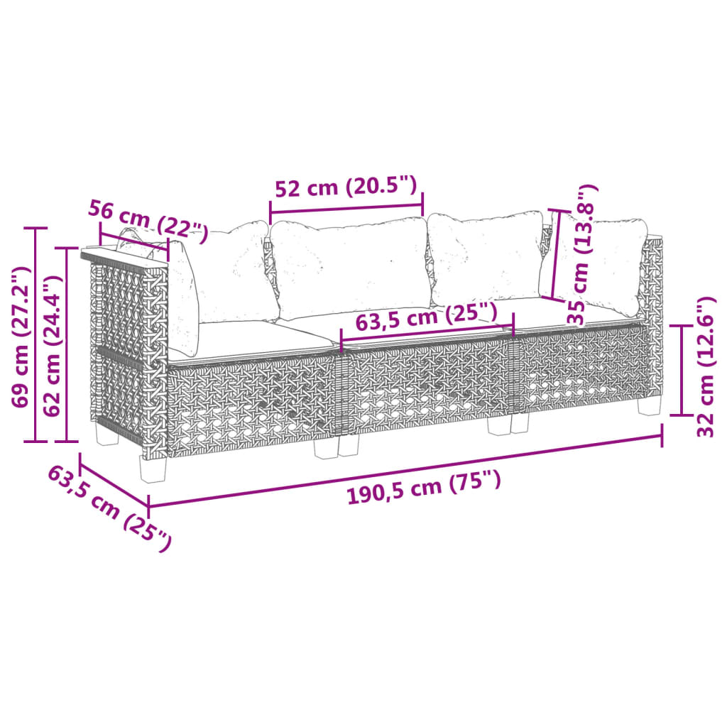 Tuinbank 3-zits met kussens poly rattan grijs is nu te koop bij PeponiXL, paradijselijk wonen!
