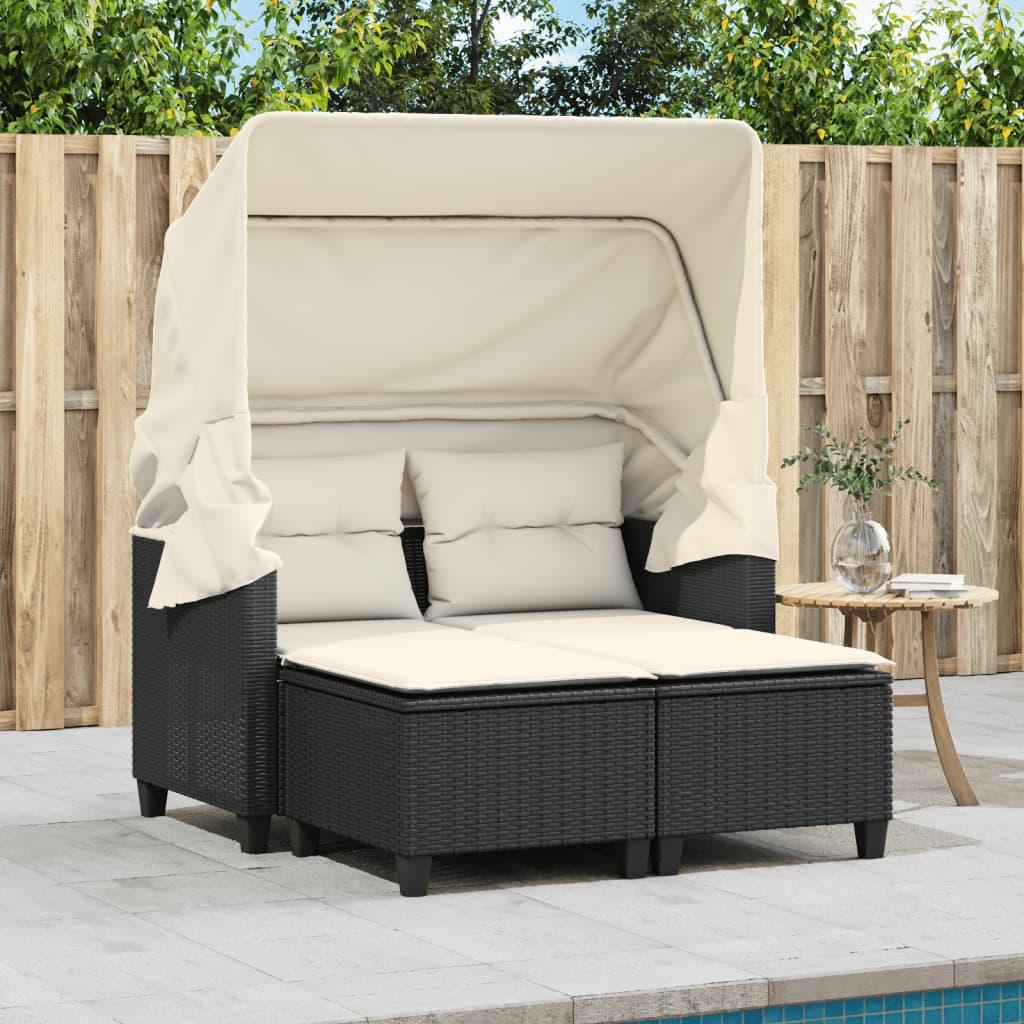 Tuinbank 2-zits met luifel en voetenbanken poly rattan zwart is nu te koop bij PeponiXL, paradijselijk wonen!