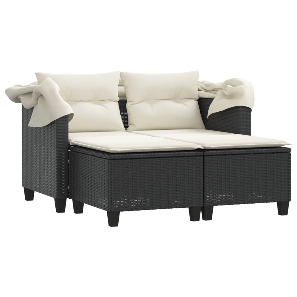 Tuinbank 2-zits met luifel en voetenbanken poly rattan zwart is nu te koop bij PeponiXL, paradijselijk wonen!