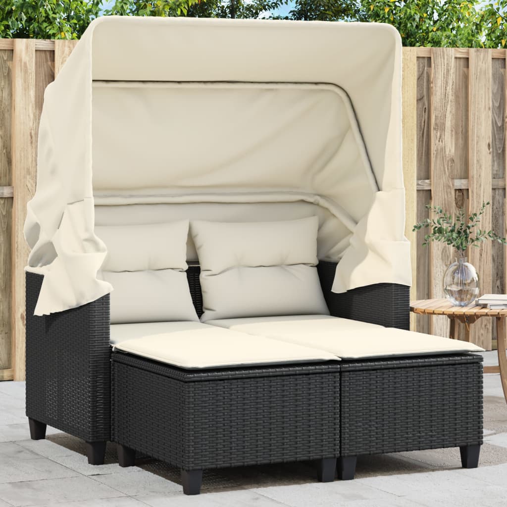 Tuinbank 2-zits met luifel en voetenbanken poly rattan zwart is nu te koop bij PeponiXL, paradijselijk wonen!