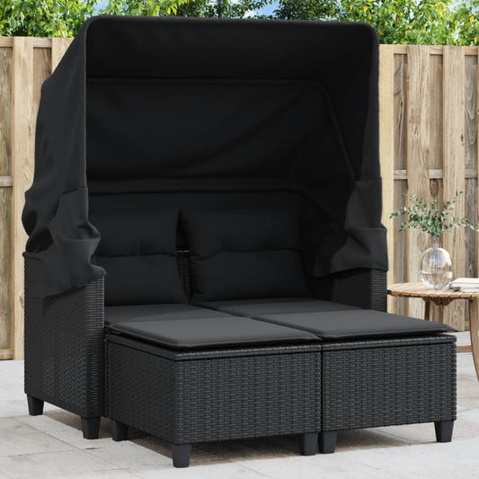 Tuinbank 2-zits met luifel en voetenbanken poly rattan zwart is nu te koop bij PeponiXL, paradijselijk wonen!