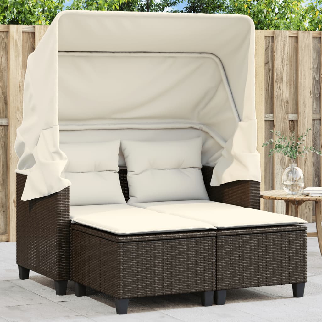 Tuinbank 2-zits met luifel en voetenbanken poly rattan bruin is nu te koop bij PeponiXL, paradijselijk wonen!