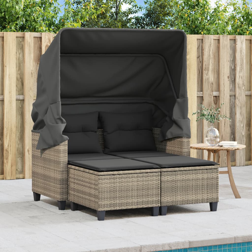 Tuinbank 2-zits luifel en voetenbanken poly rattan lichtgrijs is nu te koop bij PeponiXL, paradijselijk wonen!