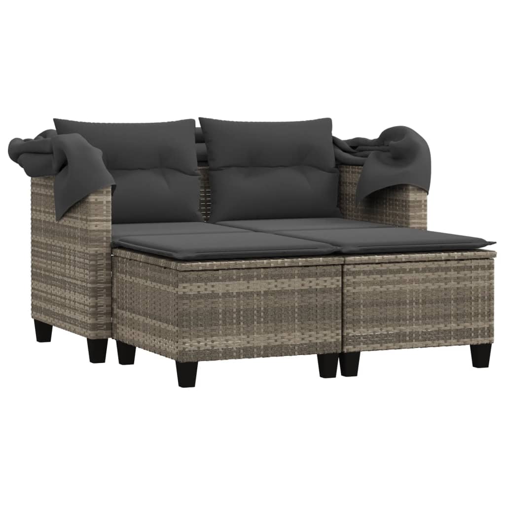Tuinbank 2-zits luifel en voetenbanken poly rattan lichtgrijs is nu te koop bij PeponiXL, paradijselijk wonen!