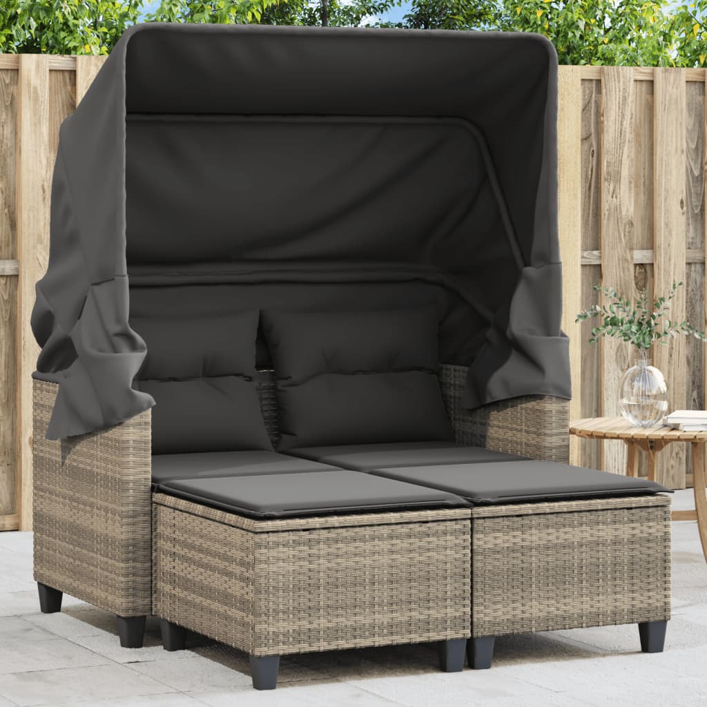 Tuinbank 2-zits luifel en voetenbanken poly rattan lichtgrijs is nu te koop bij PeponiXL, paradijselijk wonen!