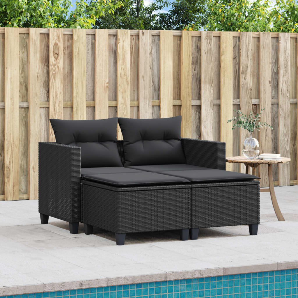 Tuinbank 2-zits met voetenbanken poly rattan zwart is nu te koop bij PeponiXL, paradijselijk wonen!