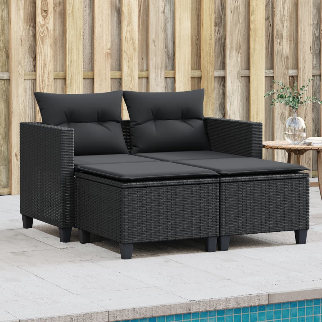 Tuinbank 2-zits met voetenbanken poly rattan zwart is nu te koop bij PeponiXL, paradijselijk wonen!